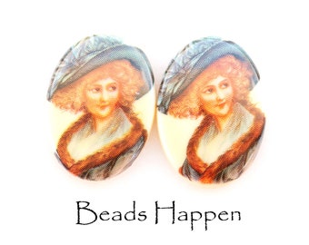 Vintage 18x13mm Oval Cabochons, Elegant Woman With Curly Hair, Western Germany, Lady, 18x13 Ovals, Resin Picture Stones, Quantity 2
