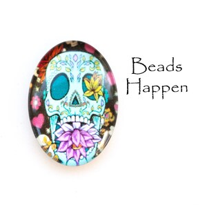 25x18mm ovale witte dag van de dode schedel cabochon, schedels, 25x18 ovalen, skelet, skeletten, bloem in oog en mond, hoeveelheid 1