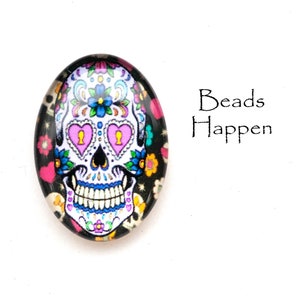 25x18mm Oval White Day of the Dead Skull Cabochon, Skulls, 25x18 Ovals, Skeleton, Skeletons, Pink Lockets, Cross, Quantity 1