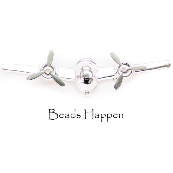 Airplane, Bright Sterling Silver Plated, with Moving Propellers, Four Inches Long, Prop plane, 4" Long, Three Loops, (dr2-4-1-1) Quantity 1