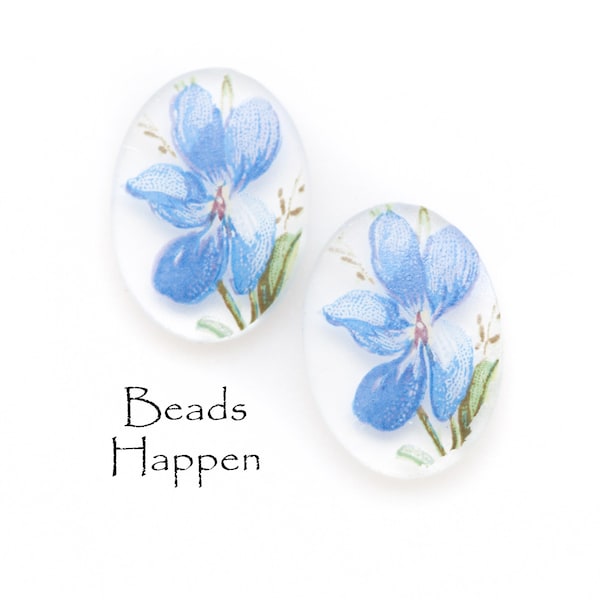 18x13mm Ovals, Blue Purple Flowers Violets, Oval Cabochons Cabs, Resin, 18x13 Ovals, Flat Backs, Frosted, Matte, Quantity 2