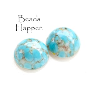 More in Stock!  11mm Round Turquoise Matrix Flat Back Glass Cabochons Cabs, Smooth Tops, Quantity 2