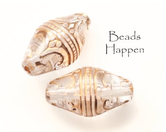 19mm Bicone Beads, Clear Beads with Impressed Intricate Pattern with Gold Recesses, Carved Resin Beads, Quantity 2