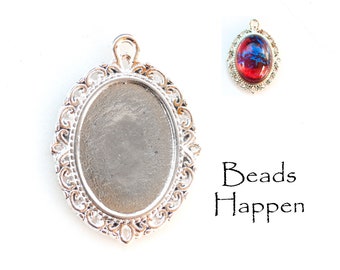 18x13mm Oval Pendant Filigree Setting for Flat Back Oval Stones, One Loop, Glue In Settings, Silver Color, Quantity 1
