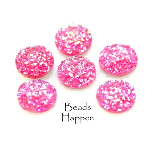 12mm Round Bright Glittering Pink Cabochons Cabs, Bright Pink Rose Sparkles, Glitter Cabs, Resin Flat Backs, Shimmer Cabs, Quantity 6