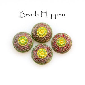 8mm Petite Round Glass Mosaic Cabochons Cabs, Green Glass, Hand Painted Red Yellow Details, Flat Backs, Intaglio, Quantity 4
