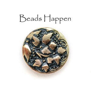 22mm Round Glass Cabochon Cab, Black Glass with Impressed Leaf Leaves Pattern, Gold Highlighted Pattern, Quantity 1