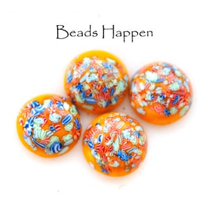 BUY MORE SAVE More! 18mm Vintage Round Orange Glass Cabochon Cab with Millefiori Flowers, Japan, 18mm Round Cabochon, Quantity 4