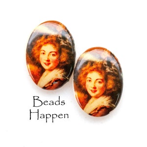 Vintage 18x13mm Portrait of Madame Molé-Reymond by Louise Elisabeth Vigee Le Brun Glass Cabochons, West Western Germany, Quantity 2