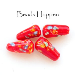 From Japan, Vintage 15x9mm Red Teardrop Beads with Millefiori Dotting, Early 1960s, Tombo Glass, Red Floral Bead, Quantity 4