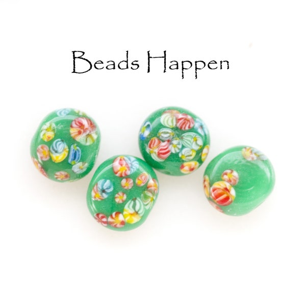 Vintage 8mm Green Glass Coin Beads with Millefiori Dotting from Early 1960s Japan, Flattened Round Grass Green Beads, Quantity 4