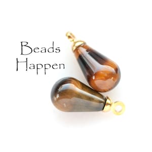 VINTAGE Pre-Wired Tigereye Tigerseye Tiger Eye 14mm Teardrop Dangles, Genuine Stone, Gold Toned Beadcap/Loop, Quantity 2