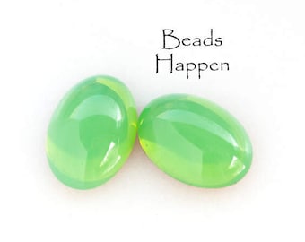 14x10mm Green Opal Glass Oval Cabochons Cabs, Foiled Backs, 14x10 0vals, Quantity 2