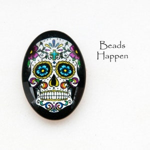 25x18mm Oval White Day of the Dead Skull Cabochon, Skull, Skulls, 25x18 Ovals, Skeleton, Skeletons, Daisy, Cross, Quantity 1