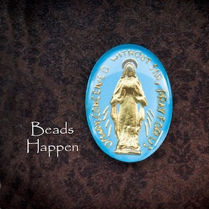 25x18mm Oval Intaglio Glass Cabochon of Virgin Mary, Madonna, Catholic, Religious, Blue and Gold Handpainted, Quantity 1