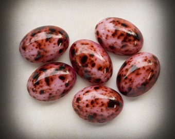 14x10mm Oval Glass Cabochons with Pink Magenta and Black Brown Patterning from the Czech Republic, 14x10 cabs ovals, Quantity 6