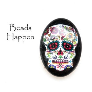 25x18mm Oval White Day of the Dead Skull Cabochon, Skulls, Dia de Muertos, 25x18 Ovals, Skeleton, Skeletons, Flowers, Quantity 1