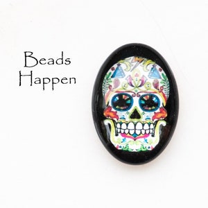 25x18mm Oval White Day of the Dead Skull Cabochon, Skulls, Dia de Muertos, 25x18 Ovals, Skeleton, Skeletons, Quantity 1