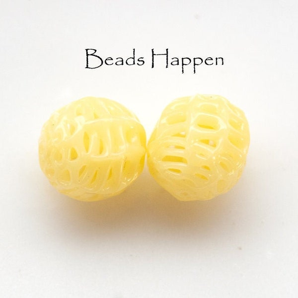 SUPER Vintage 17mm Yellow Lace Round Glass Lantern Beads from Japan, Vintage Beads, Hollow Beads, Jonquil, Lemon, Quantity 2