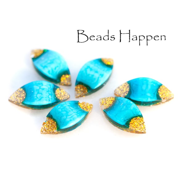 Beautiful! 15x7mm Navettes w/ Turquoise Blue Stone Coloring and Sparkling Gold Glitter, Navette, Unfoiled Flat Backs, Quantity 6