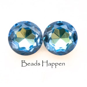 13.5mm 14mm Vintage Bermuda Blue Glass Round Rose Chatons Dentelles Jewels, Blue, Green, Foiled Point Back, Chaton, Quantity 2