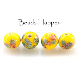 Vintage 8mm Bright Yellow Round Beads with Millefiori Dotting, Early 1960s Japan, Tombo Glass, Floral Beads, Quantity 4