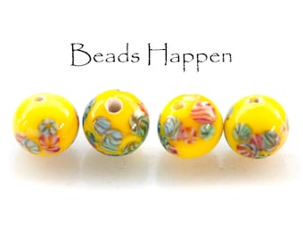 Vintage 8 mm felgele ronde kralen met Millefiori-punten, begin jaren zestig Japan, Tombo-glas, bloemenkralen, hoeveelheid 4