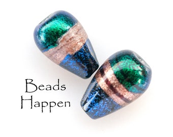 13x8mm Artisan Lampwork Teardrop Beads with Dark Glass Base and Glittery Blue, Green and Goldstone Stripes, Black Stripe, Quantity 2