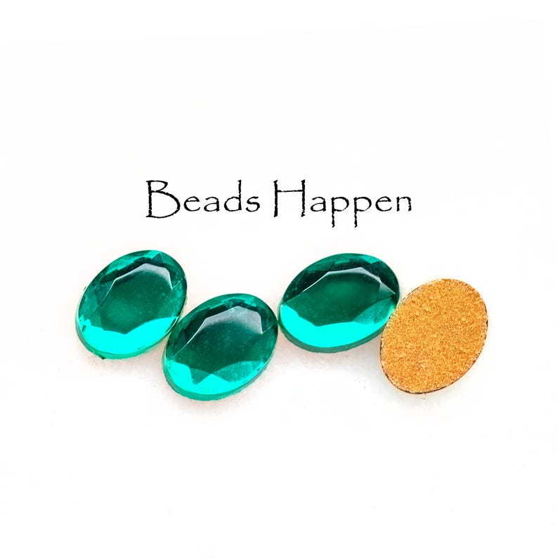 8x6mm Emerald Green Rose Cut Faceted Top Glass Oval Cabochons, Flat
