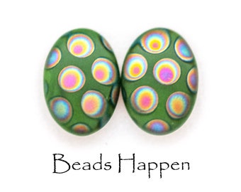 14x10mm Matte Olive Olivine Green Foiled Frosted Peacock Oval Glass Cabochons Cabs, Dots, Spots, Flat Backs, 14x10 ovals, Quantity 2