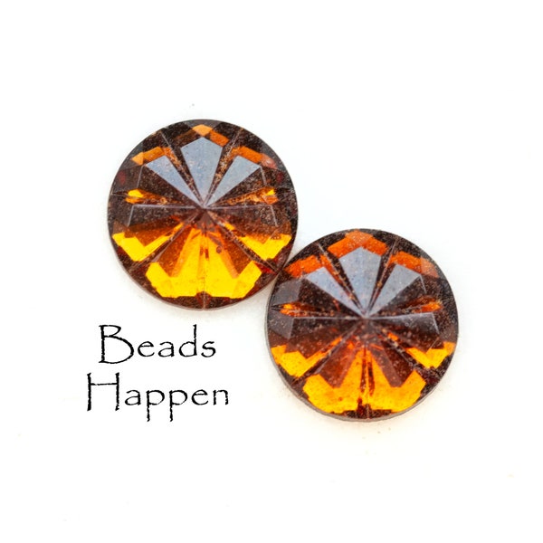 15mm Vintage Smoked Topaz Glass Round Cabochons from Western Germany, Flat Foiled Backs, Flower Faceted Tops, Round Cabs, Quantity 2