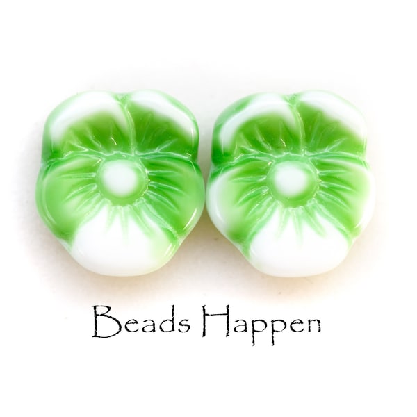 From West Germany, Vintage 14x12mm Briolette Style Green and White Glass Flower Bead Beads, Flowers, Floral, Quantity 2