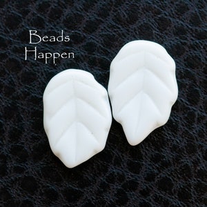 20x14mm Vintage White Milk Glass Leaf Beads from Austria, White Leaves, Old, Briolette, Side Drilled, Quantity 2