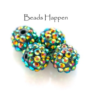 14mm Sparkling Round Green AB Bling Beads, Flashy Beads Bead, Lightweight Acrylic Rhinestones in Resin Base, Quantity 4