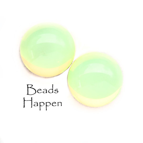 13mm Yellow Opal Glowing Round Glass Cabochons Cabs, Glows (Fluoresces) Under Black Light, UG, Foiled Backs, Quantity 2