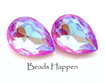 18x13mm Pear Rich Lilac Purple Pink Opal AB Glass Pears, Faceted Tops, Painted Point Backs, 18x13 Pears, Quantity 2