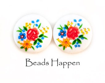 13.5mm Round Glass Cabochons, White with Pink Yellow Blue Rose Flowers, Flat Backs, Likely from Japan, Quantity 2