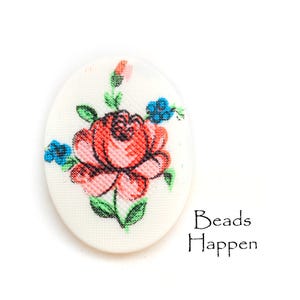 Vintage 40x30mm Oval Resin Petit Point Cabochons Cabs, Creamy White with Red Flower, Floral, Flat Backs, 40x30 Ovals, Quantity 1