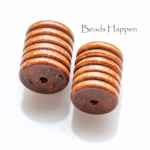 VINTAGE 20x16mm Ridged Wood Wooden Beads, Brown, Tube, Column, Barrel, Ribbed, Ridges, Stacked, Quantity 2