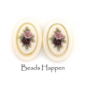 18x13mm Ovals, Pink and Maroon Roses Flowers, Gold Dotted Frame, Floral, Oval Cabochons Cabs, Resin, 18x13, Flat Backs, Quantity 2