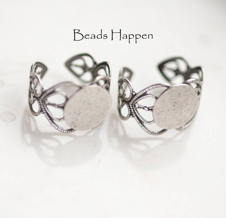Antiqued Sterling Silver Plating over Brass Filigree Adjustable Ring Blank with 12mm Glue Pad,HEARTS Vintage Inspired Ring Blanks Qty 2