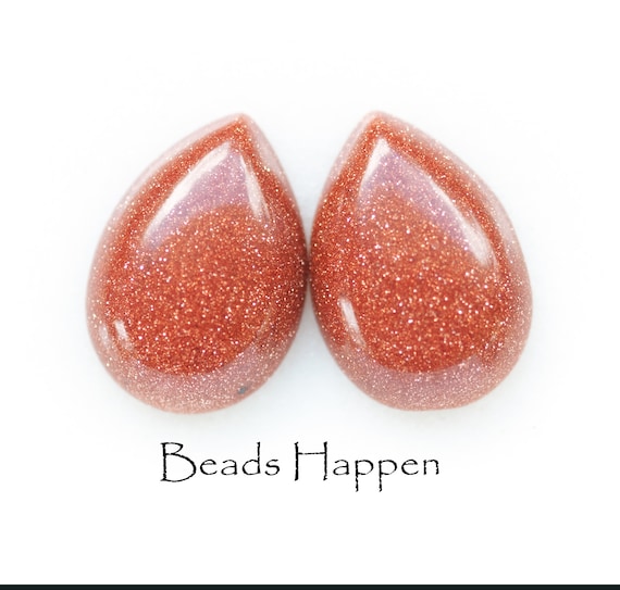 18x13mm Goldstone Pear Cabochons Cabs, Brown Goldstone, Coppery Brown with Gold Flecks, Flat Backs, Rounded Tops, Quantity 2