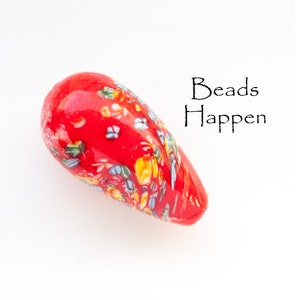Vintage 36x18mm Vibrant Red Teardrop Bead with Millefiori Dotting from Early 1960s Japan, Red Beads, Tombo, Quantity 1
