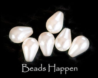 9x6mm White Teardrop Pearl Glass Beads From The Czech Republic, Glass Pearl Beads, Pearls, Pearl Beads, Smooth 9mm Beads, Quantity 6