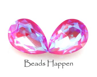 14x10mm Pear Rose Pink Opal AB Pear Glass Stones, Faceted Tops, Point Backs, Painted Backs, 14x10 Pears, Quantity 2