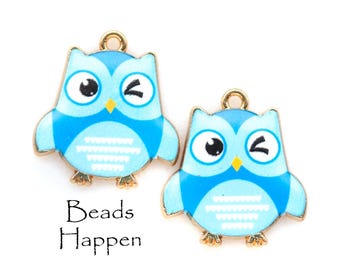 23x21mm Charming Winking Owl Colorful Whimsical Pendant, Blue Owls