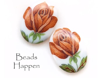 Vintage 18x13mm Ovals, Tan Beige Brown Rose Roses Flowers, Oval Glass Cabochons, Western Germany, Floral, Flat Backs, Quantity 2