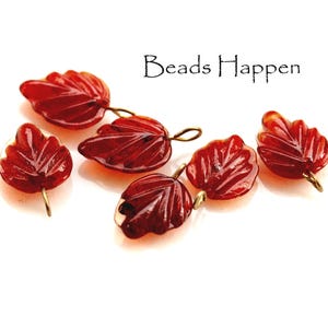 Ruby Red 15mm 16mm Pressed Glass Leaf Leaves with Embedded Wire Loop, Leaves, Leaf Dangles, Pendants, Quantity 6