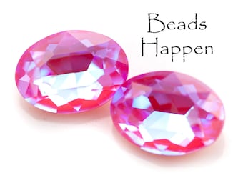 18x13mm Oval Glass Medium Pink Opal AB Ovals Cabochons, Faceted Tops, Painted Point Backs, Rose Pink, 18x13 Ovals, (Dr4-3-2-3), Quantity 2