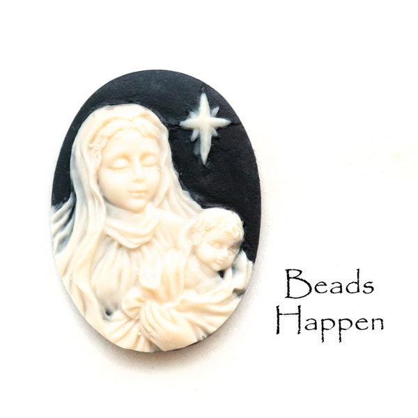 40x30mm Oval Cabochon of Mother and Child, Madonna and Jesus, Black Base and Ivory Cameo, Flat Back, Resin, Religious, Quantity 1